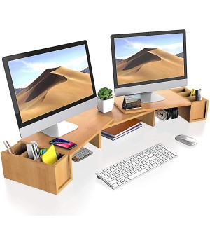 2022 Wood Bamboo Dual Computer Monitor Riser 3 Screen Laptop Stand With Storage Organiser