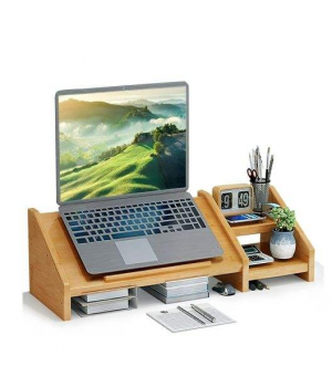 Bamboo Monitor Stand Bamboo Laptop Stand for Desk 3 Heights Adjustable Computer Monitor Riser with 2 Tier Storage Shelf