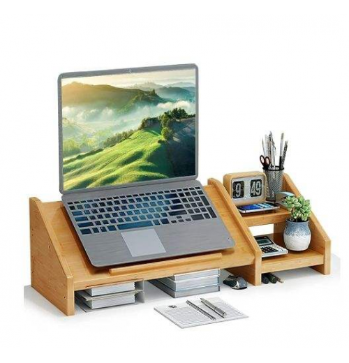 Bamboo Monitor Stand Bamboo Laptop Stand for Desk 3 Heights Adjustable Computer Monitor Riser with 2 Tier Storage Shelf